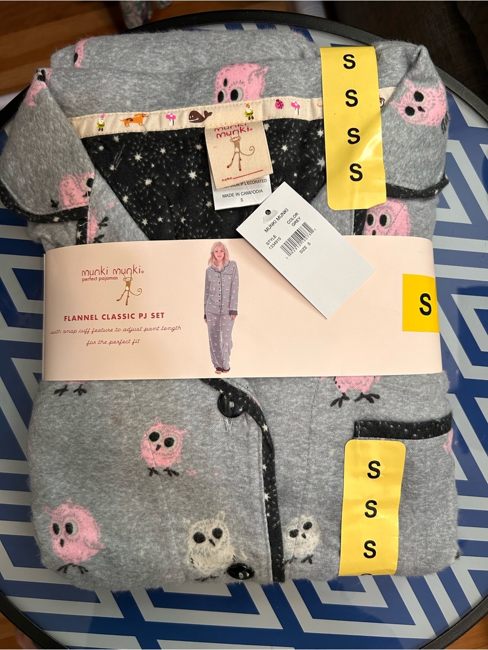 munki munki Gray Flannel Pajama Set with Pink & White Owl Print
